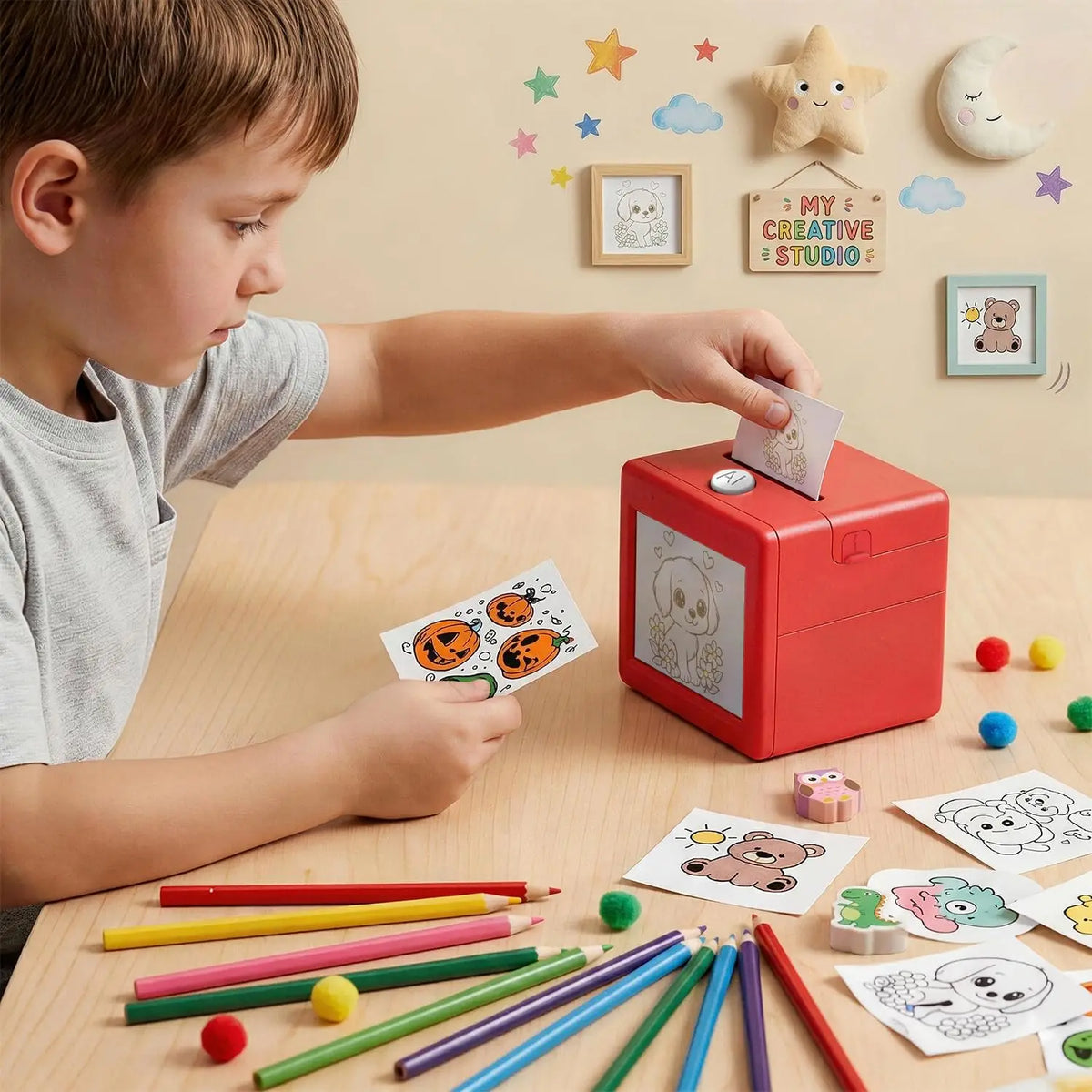 Child using the red rechargeable thermal sticker printer at a table
