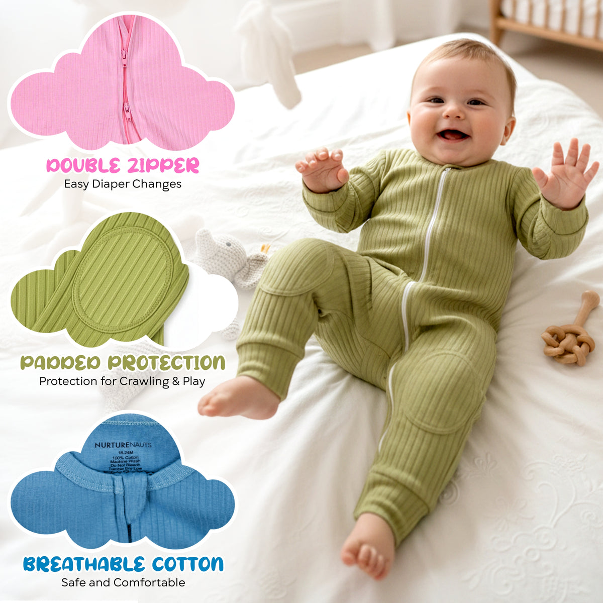 NurtureNauts padded cotton baby romper, Pastel Green, view 2