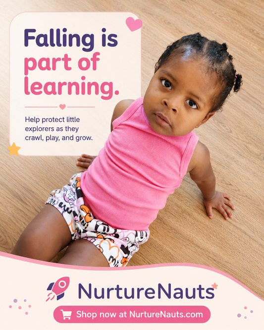 Baby sitting on hardwood floor learning to crawl with NurtureNauts brand ad — Falling is part of learning