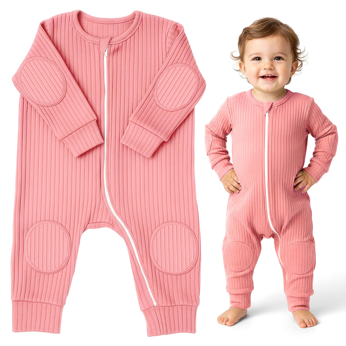 Pastel Pink NurtureNauts padded baby romper with knee and elbow cushioning
