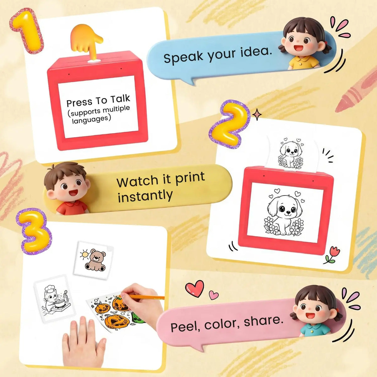 Feature guide for the red NurtureNauts Voice-to-Coloring Sticker Printer