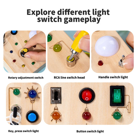 Wooden Montessori Busy Board with LED Light Switches, view 2