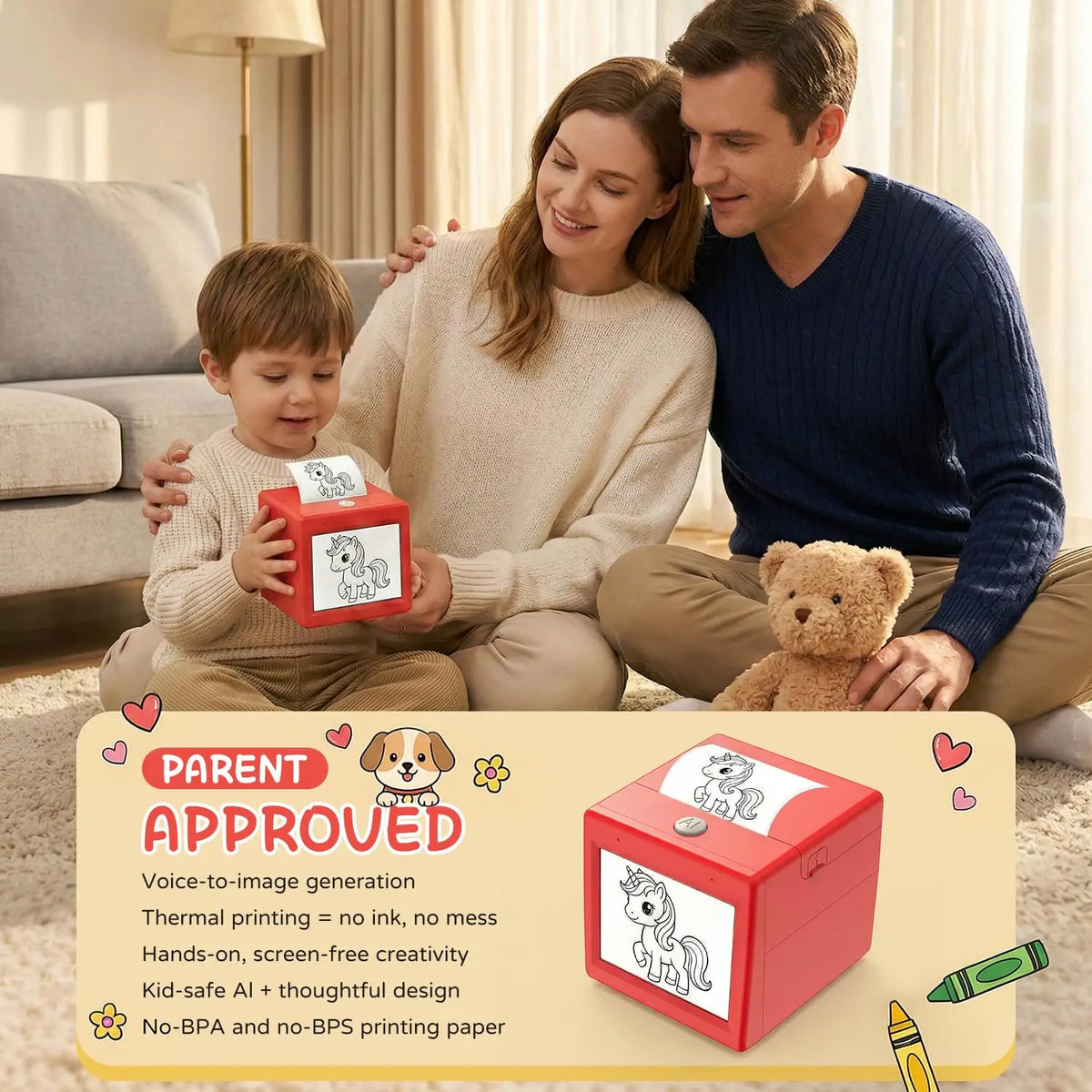 Child using the red Voice-to-Coloring Sticker Printer for a creative project