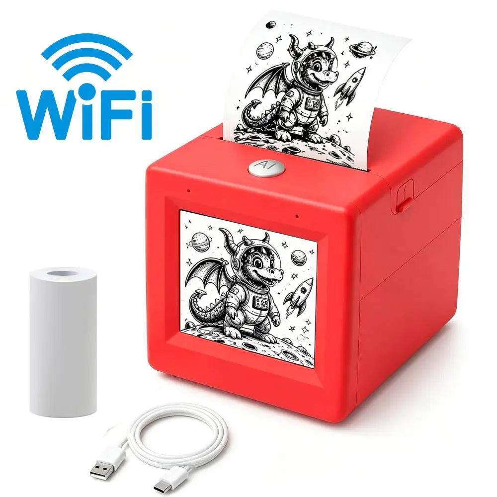 Red NurtureNauts Voice-to-Coloring Sticker Printer with Wi-Fi icon, thermal paper roll, and charging cable