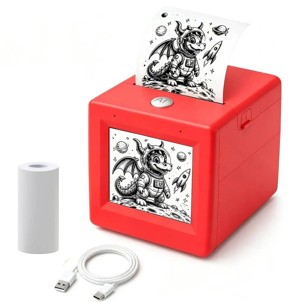 Red NurtureNauts Voice-to-Coloring Sticker Printer with thermal paper and charging cable