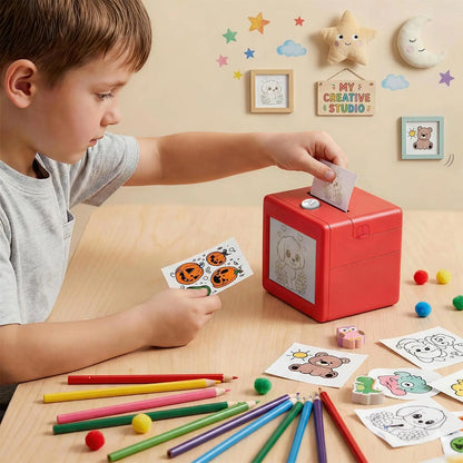 Child using the red rechargeable thermal sticker printer at a table
