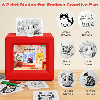 Red Voice-to-Coloring Sticker Printer with creative print feature callouts