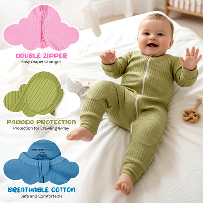 NurtureNauts padded cotton baby romper, Pastel Green, view 2