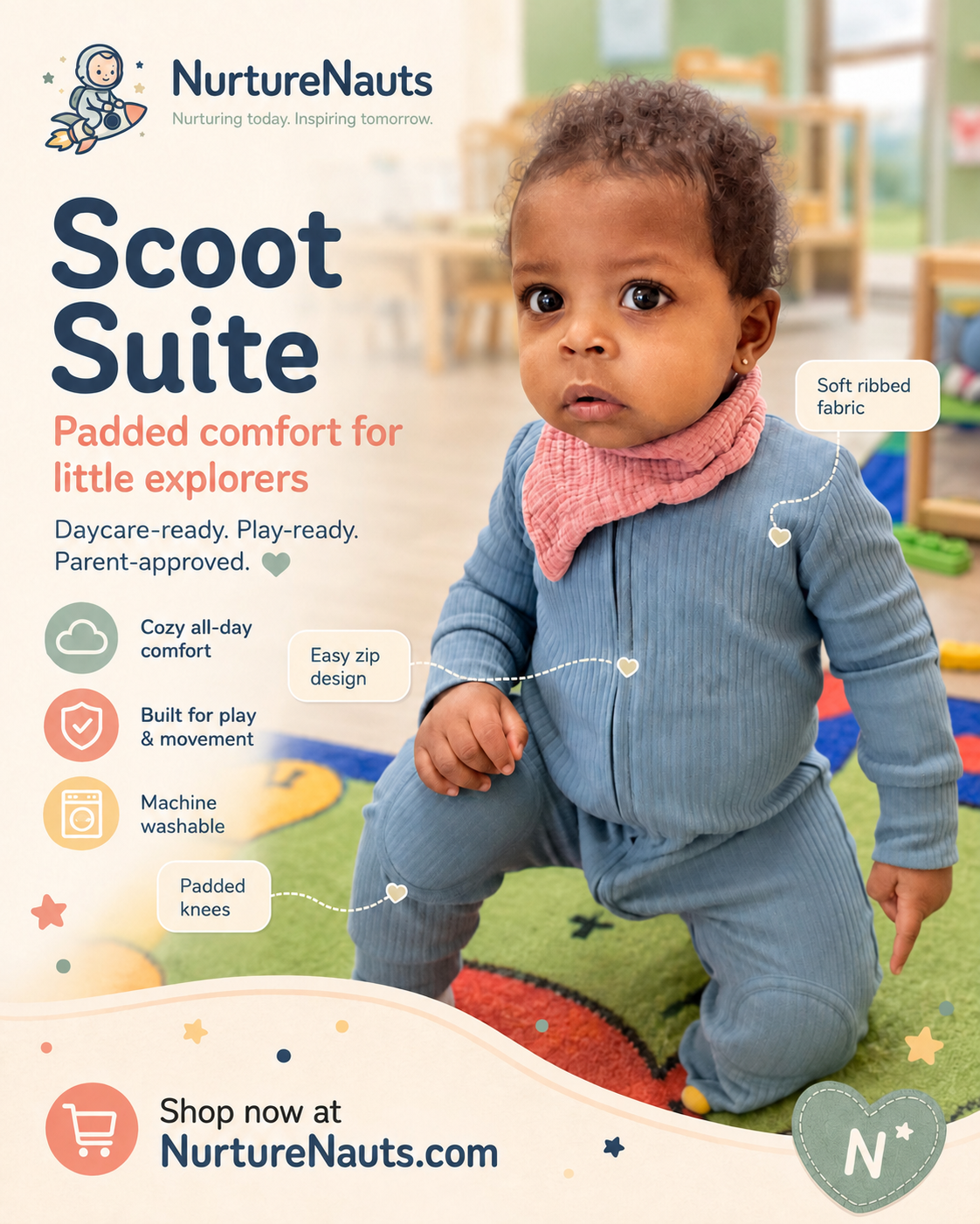 NurtureNauts Scootadillo® Padded Baby Romper — 100% Cotton